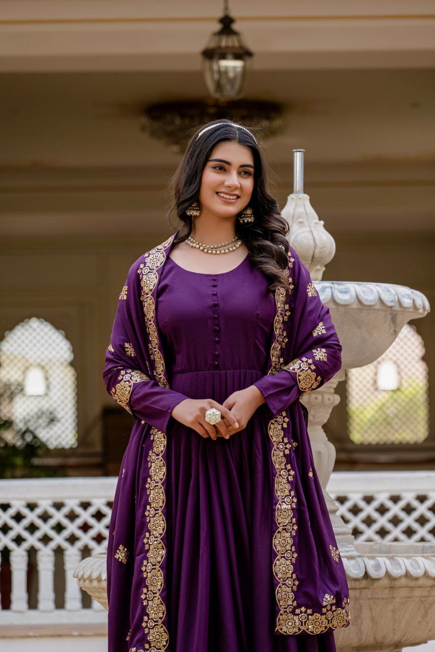 Premium Star Georgette Readymade Gown with Dupatta – Sequins Embroidery, Full Length Anarkali Style (Wine & Pink)