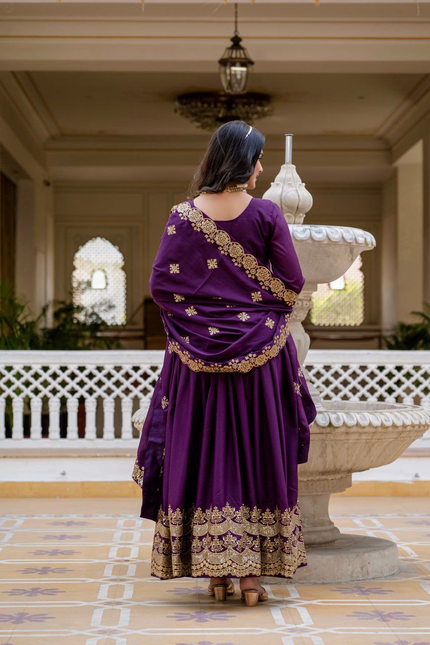 Premium Star Georgette Readymade Gown with Dupatta – Sequins Embroidery, Full Length Anarkali Style (Wine & Pink)