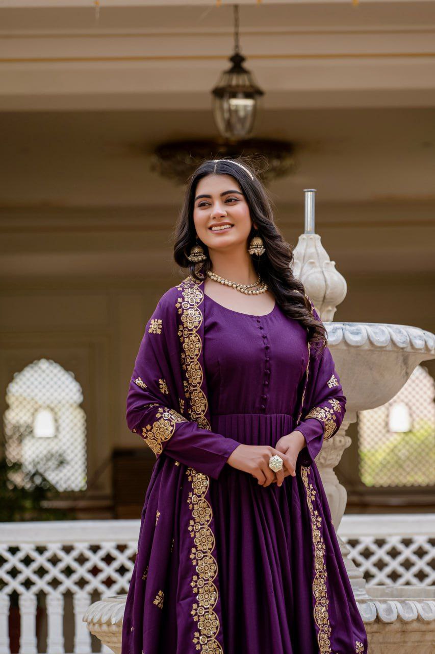 Premium Star Georgette Readymade Gown with Dupatta – Sequins Embroidery, Full Length Anarkali Style (Wine & Pink)