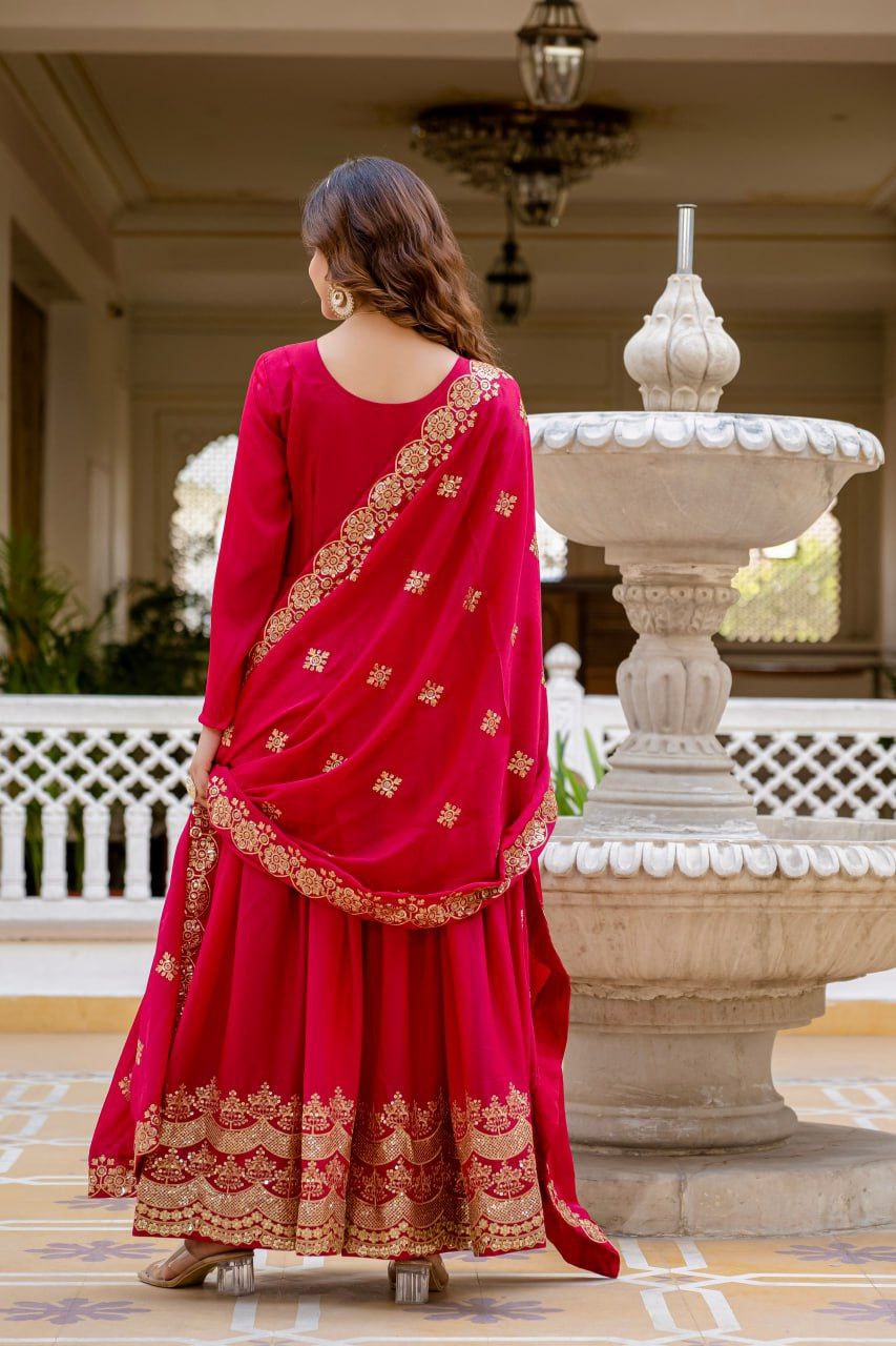 Premium Star Georgette Readymade Gown with Dupatta – Sequins Embroidery, Full Length Anarkali Style (Wine & Pink)