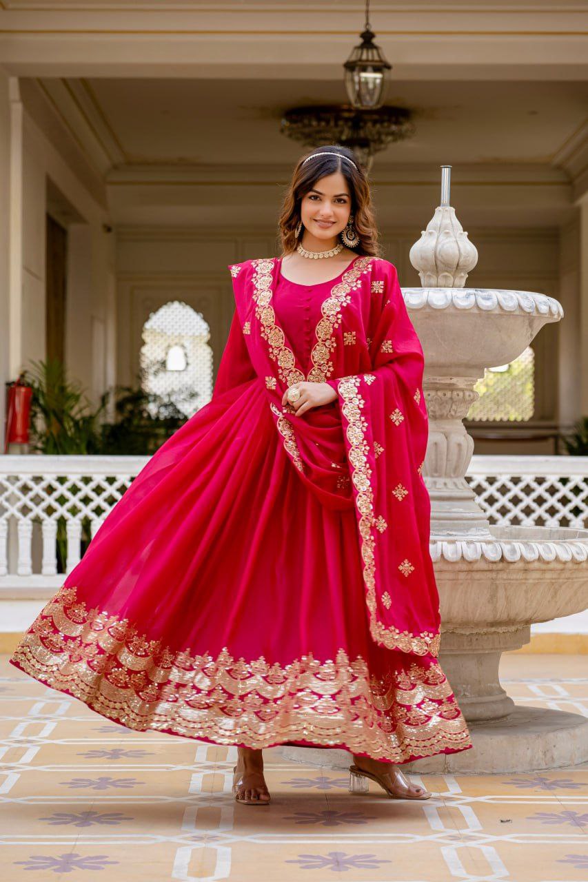Premium Star Georgette Readymade Gown with Dupatta – Sequins Embroidery, Full Length Anarkali Style (Wine & Pink)