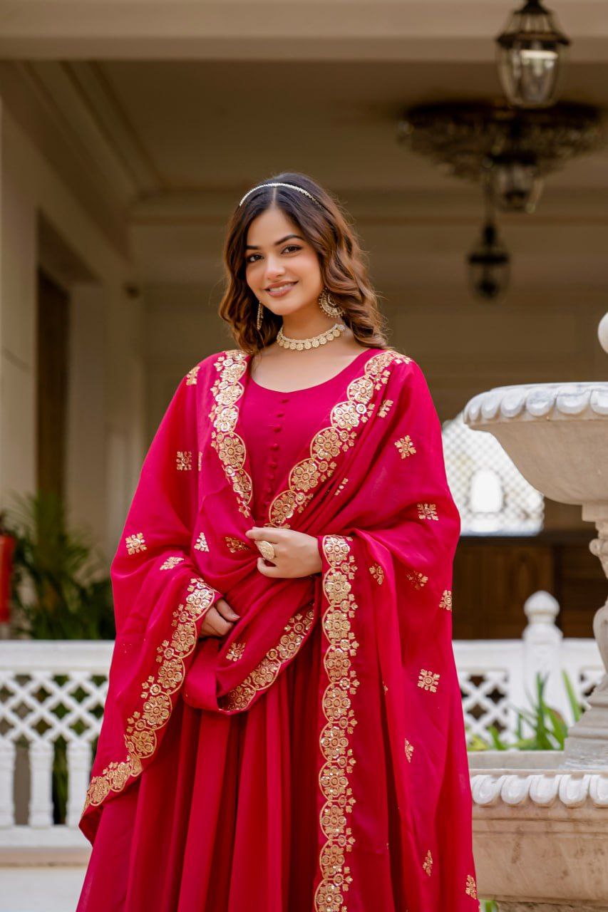 Premium Star Georgette Readymade Gown with Dupatta – Sequins Embroidery, Full Length Anarkali Style (Wine & Pink)