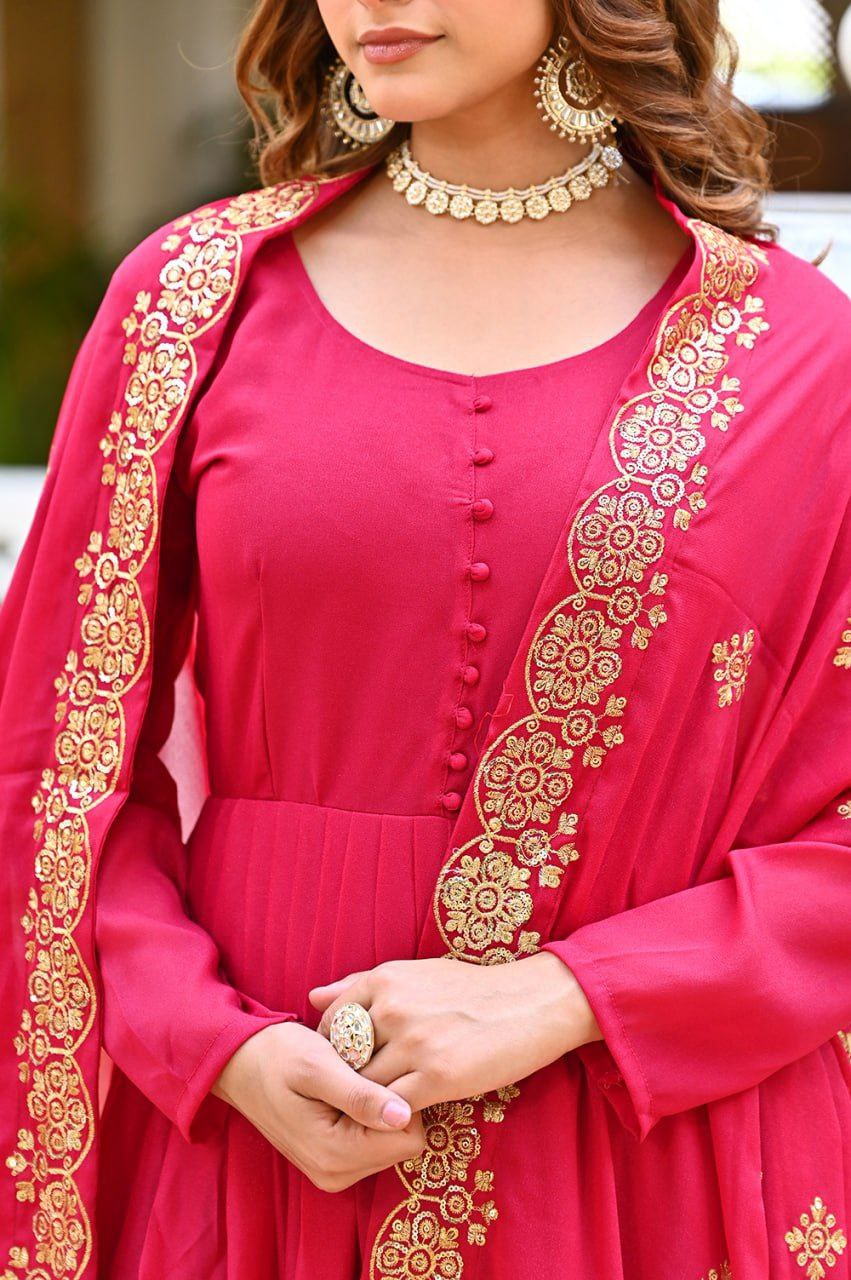 Premium Star Georgette Readymade Gown with Dupatta – Sequins Embroidery, Full Length Anarkali Style (Wine & Pink)