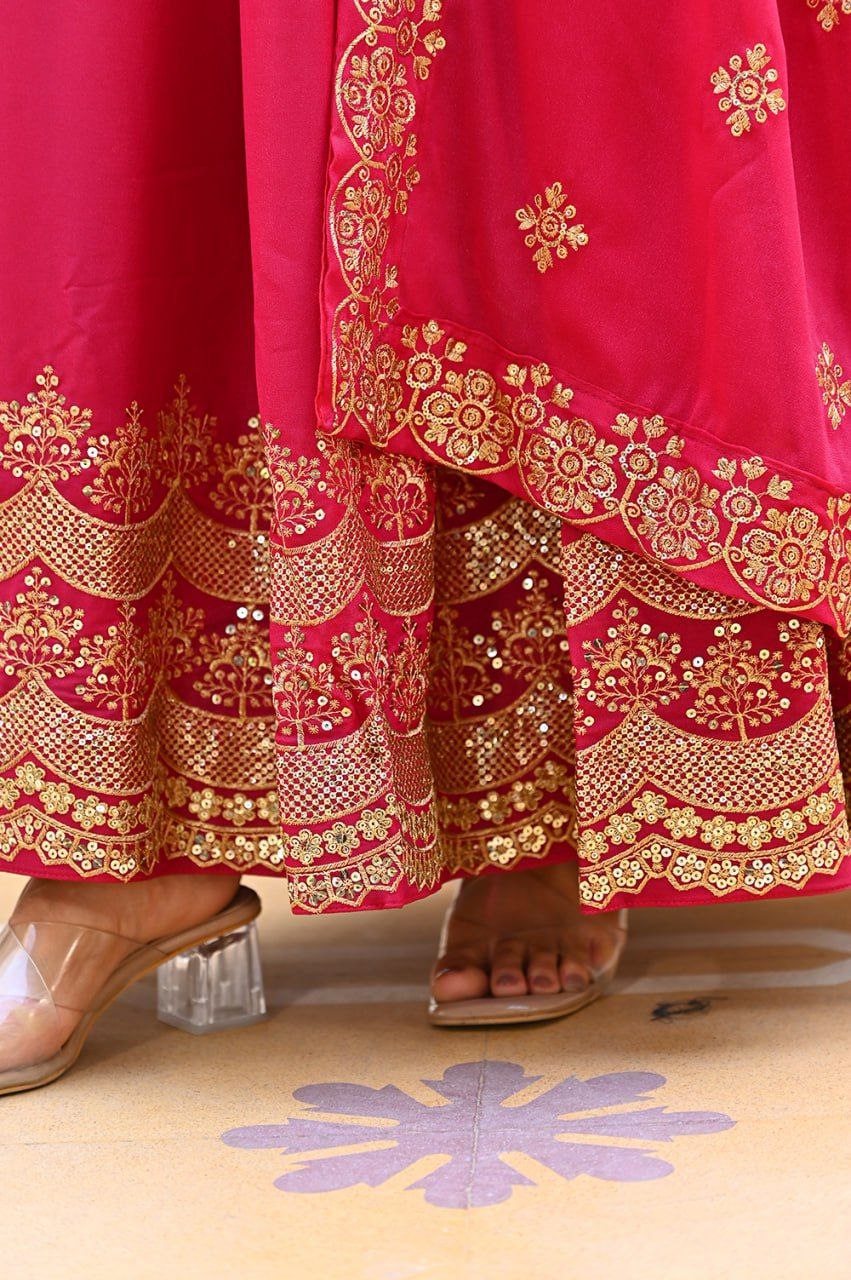 Premium Star Georgette Readymade Gown with Dupatta – Sequins Embroidery, Full Length Anarkali Style (Wine & Pink)