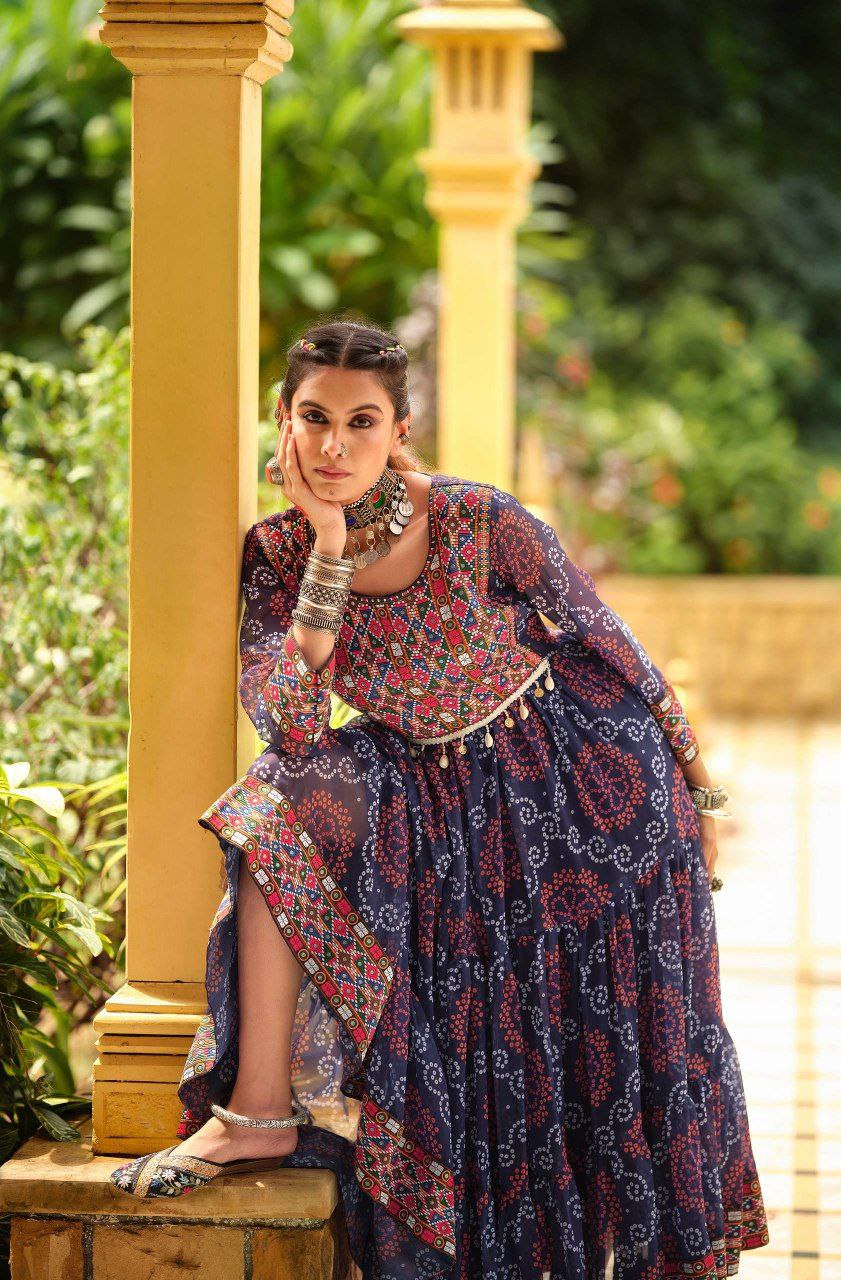 Premium Faux Georgette Ruffle Gown with Gamthi Jacquard