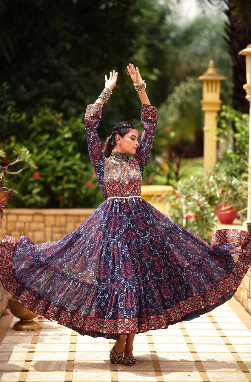 Premium Faux Georgette Ruffle Gown with Gamthi Jacquard