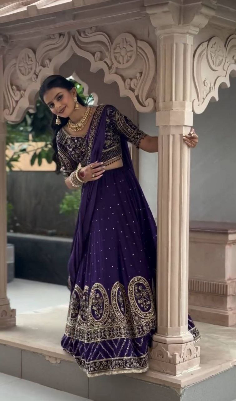 Vichitra Silk Lehenga Choli with Embroidery Thread & Sequence Work and Matching Dupatta