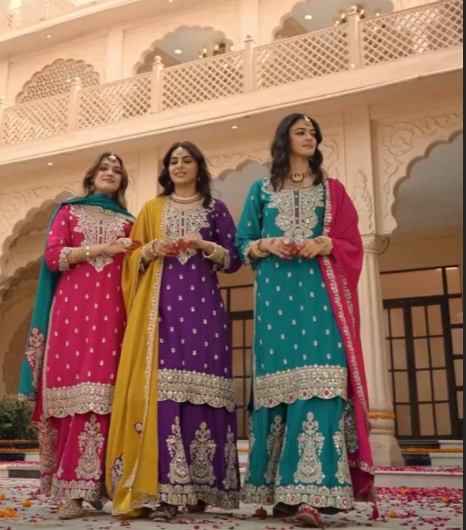 Vichitra Silk Embroidered Top Plazzo Set with Dupatta Premium Quality