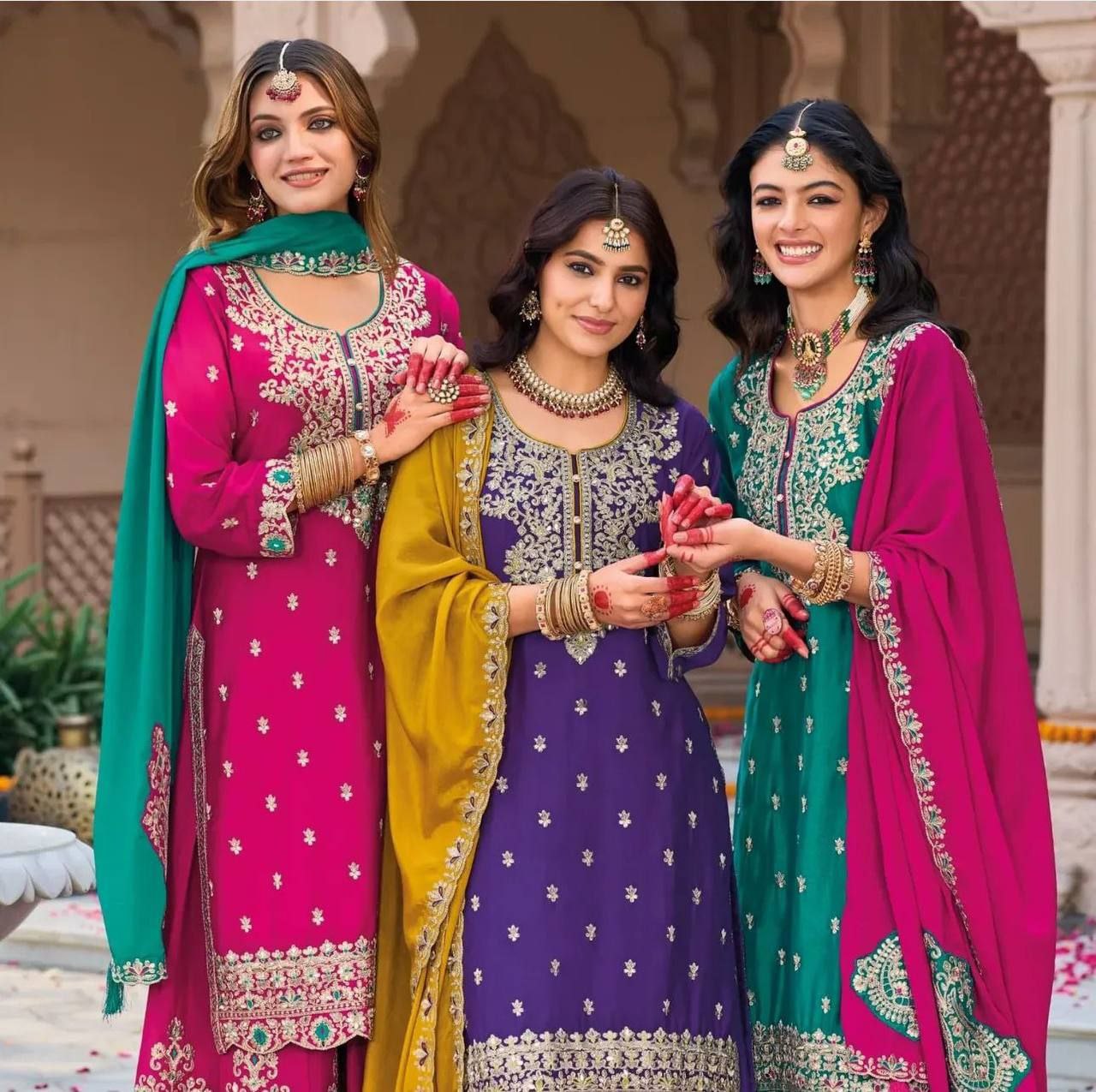 Vichitra Silk Embroidered Top Plazzo Set with Dupatta Premium Quality