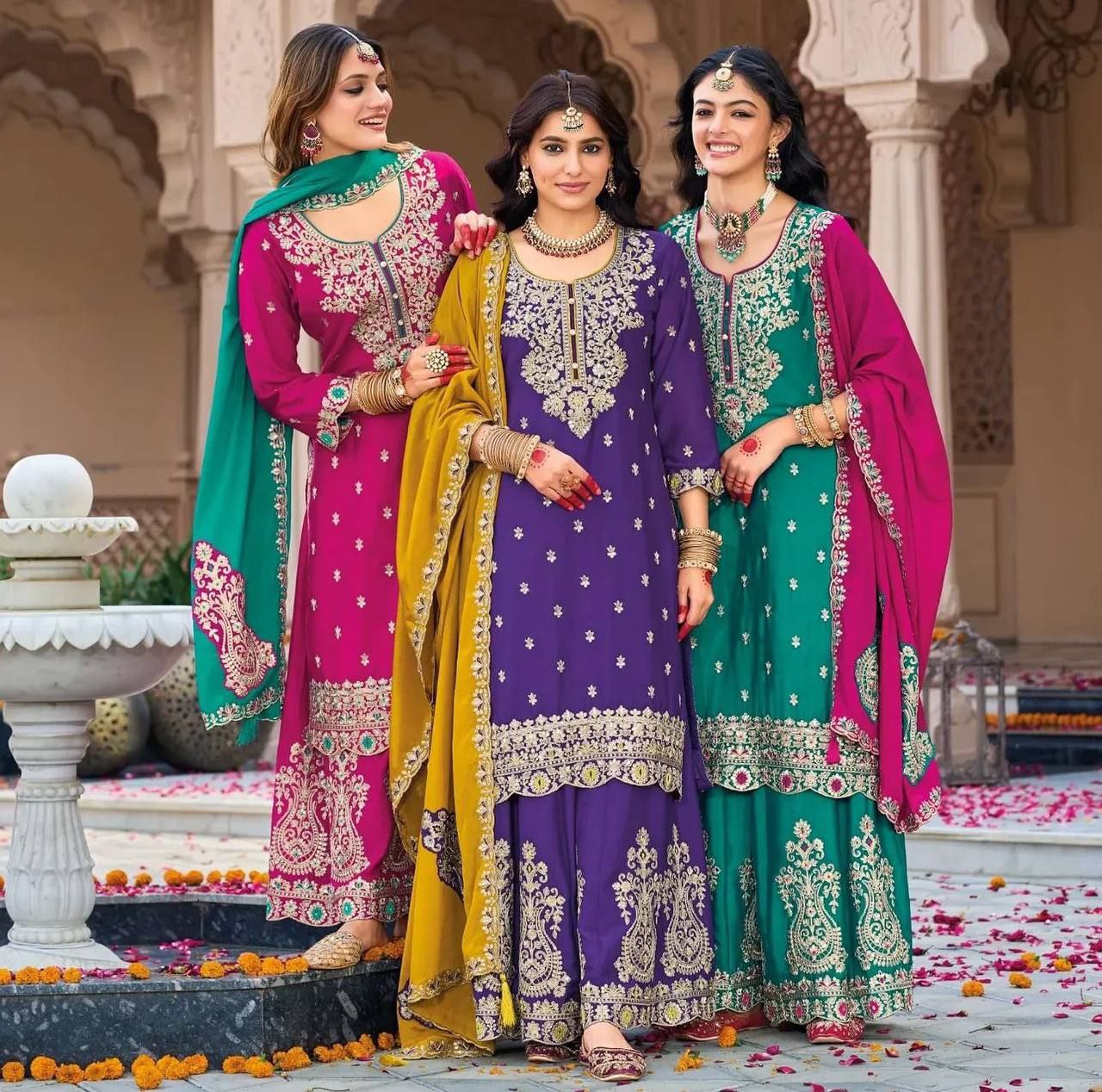 Vichitra Silk Embroidered Top Plazzo Set with Dupatta Premium Quality