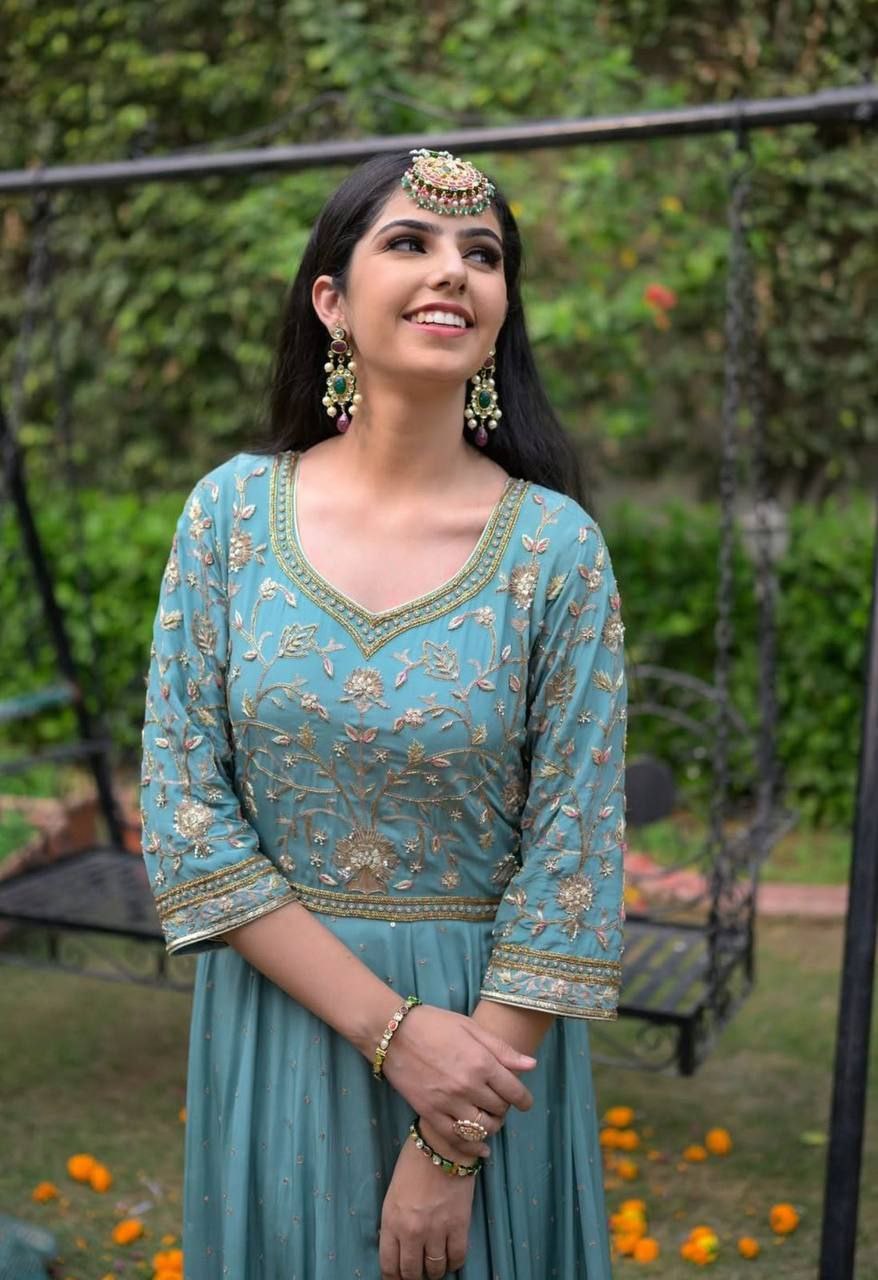 Fox Georgette Embroidered Gown with Dupatta Heavy Sequence Premium Quality