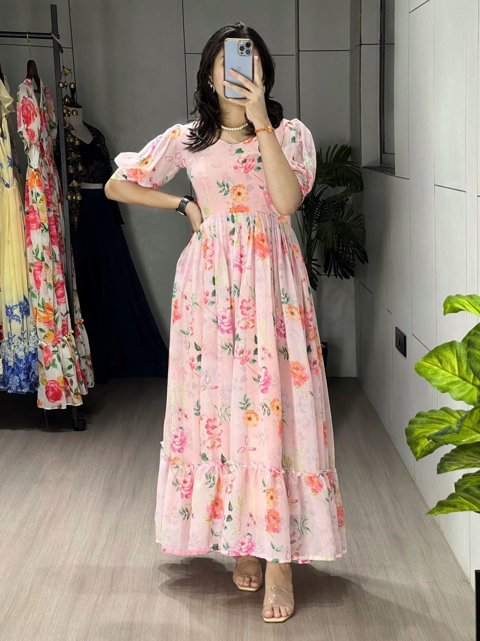 Weightless Floral Printed Frill Kurti One Piece with Elegant Pastel Design