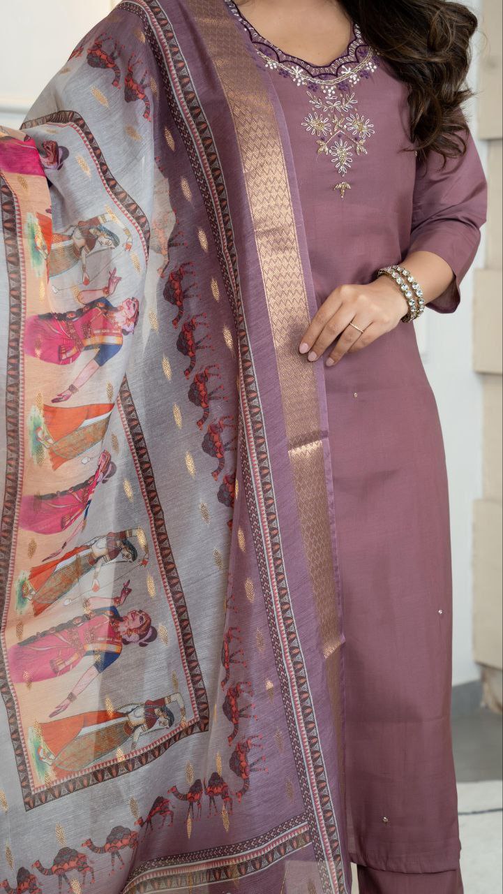 Premium Roman Silk Burgundy Kurti Pant Dupatta Set with Handwork