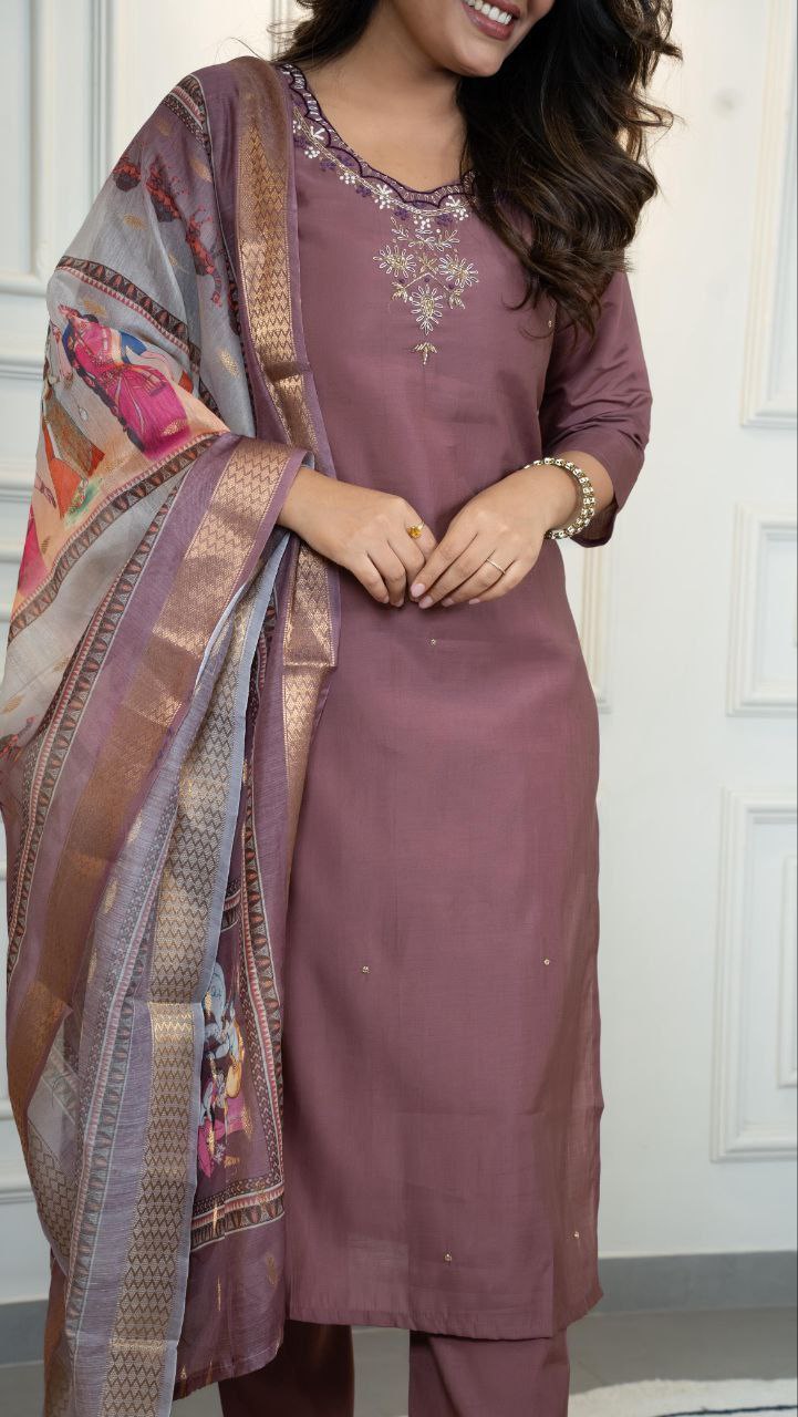 Premium Roman Silk Burgundy Kurti Pant Dupatta Set with Handwork