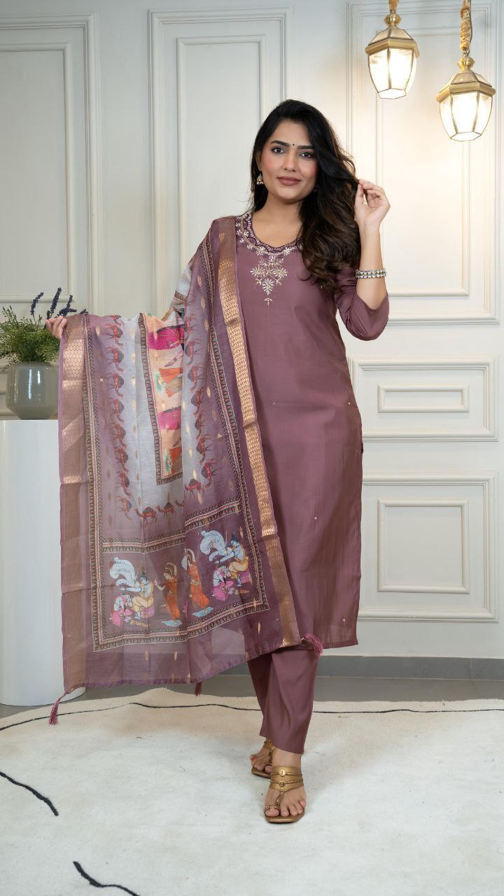 Premium Roman Silk Burgundy Kurti Pant Dupatta Set with Handwork