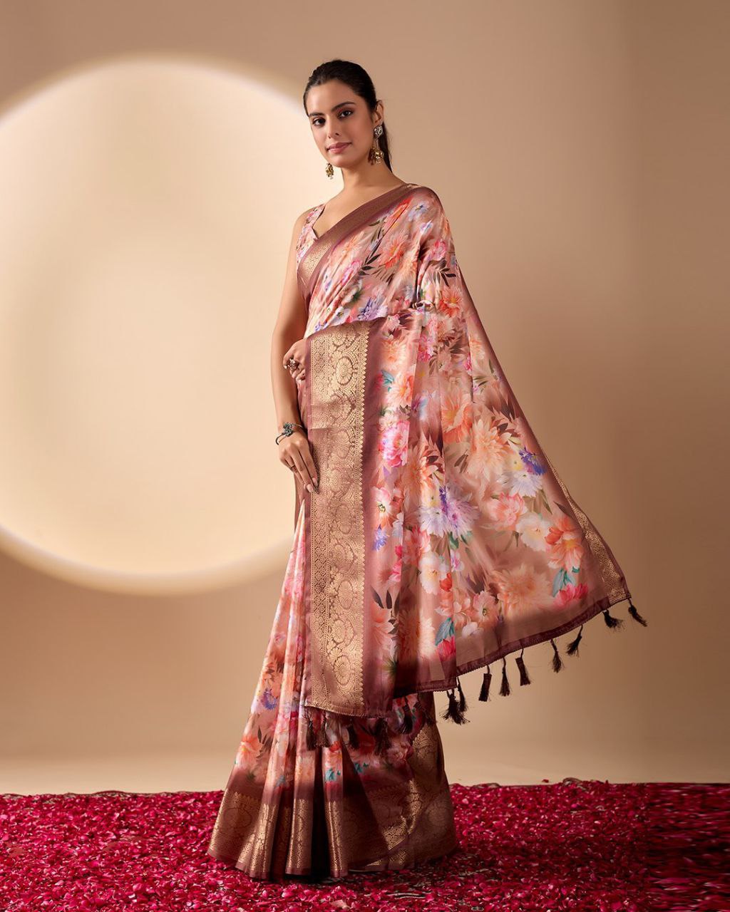 Elegant Soft Lichi Silk Floral Digital Print Saree with Zari Border