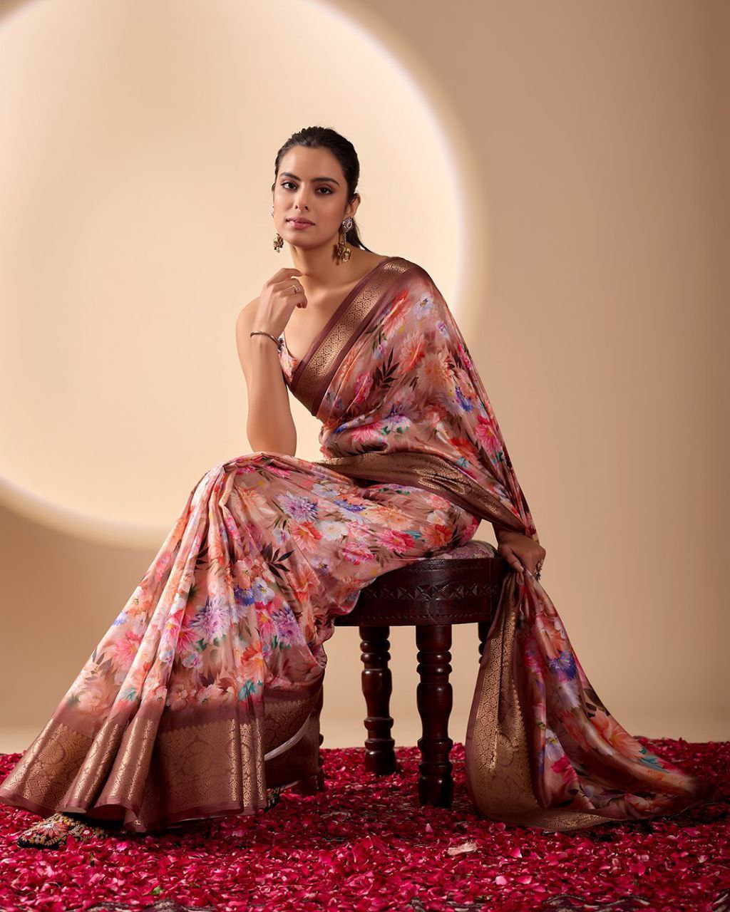 Elegant Soft Lichi Silk Floral Digital Print Saree with Zari Border