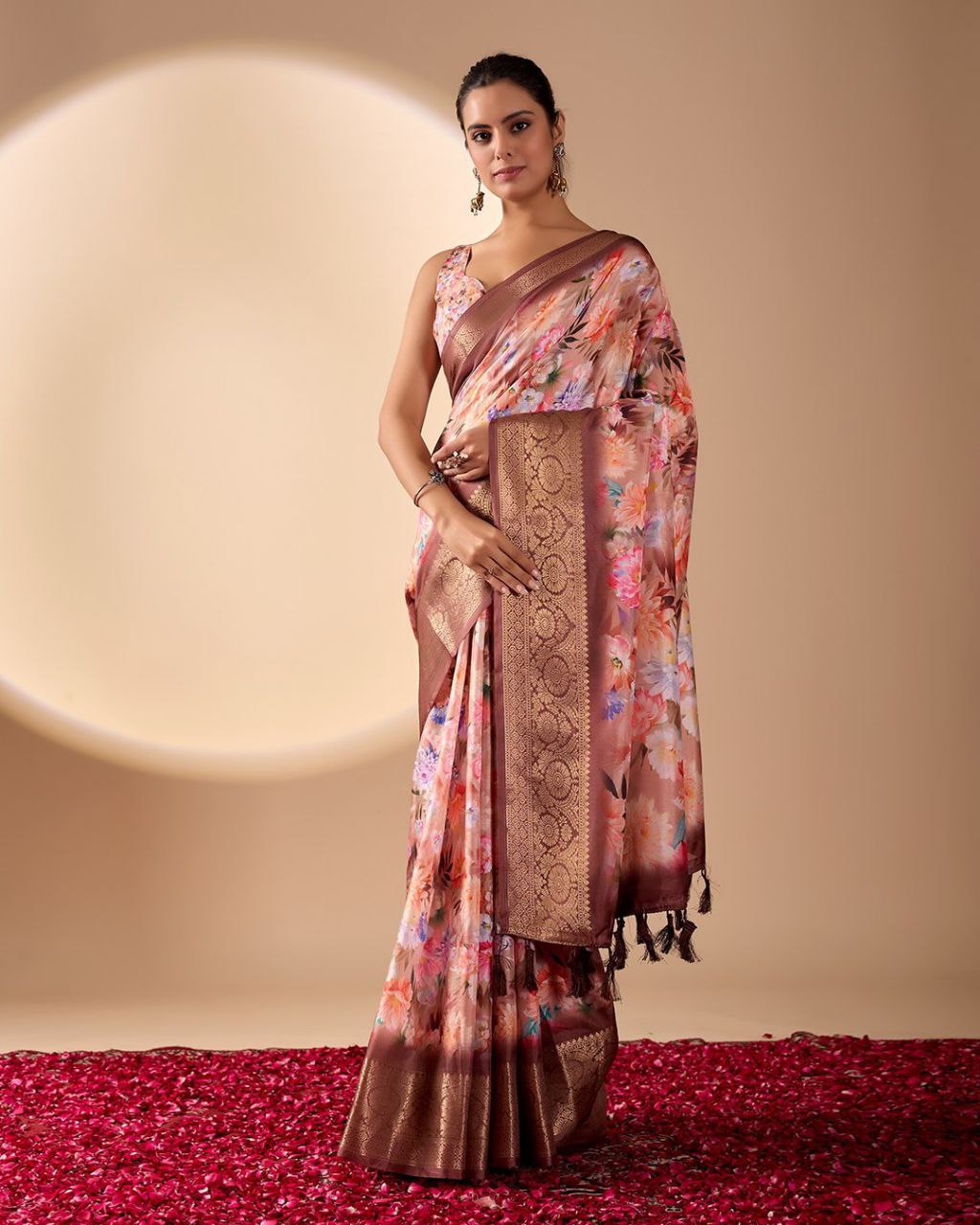 Elegant Soft Lichi Silk Floral Digital Print Saree with Zari Border