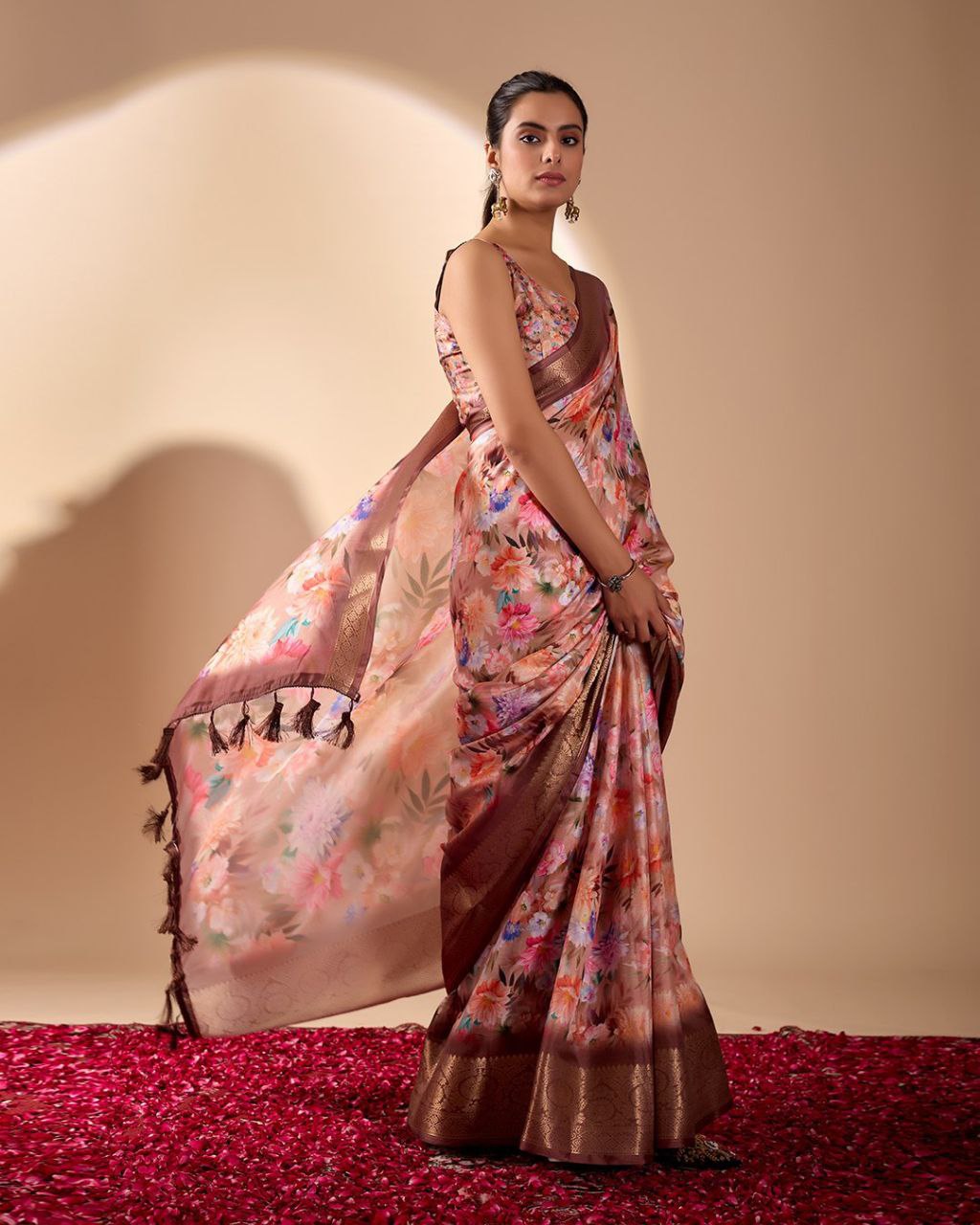 Elegant Soft Lichi Silk Floral Digital Print Saree with Zari Border