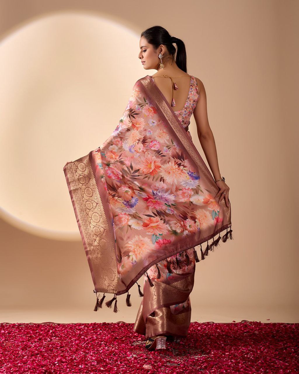 Elegant Soft Lichi Silk Floral Digital Print Saree with Zari Border