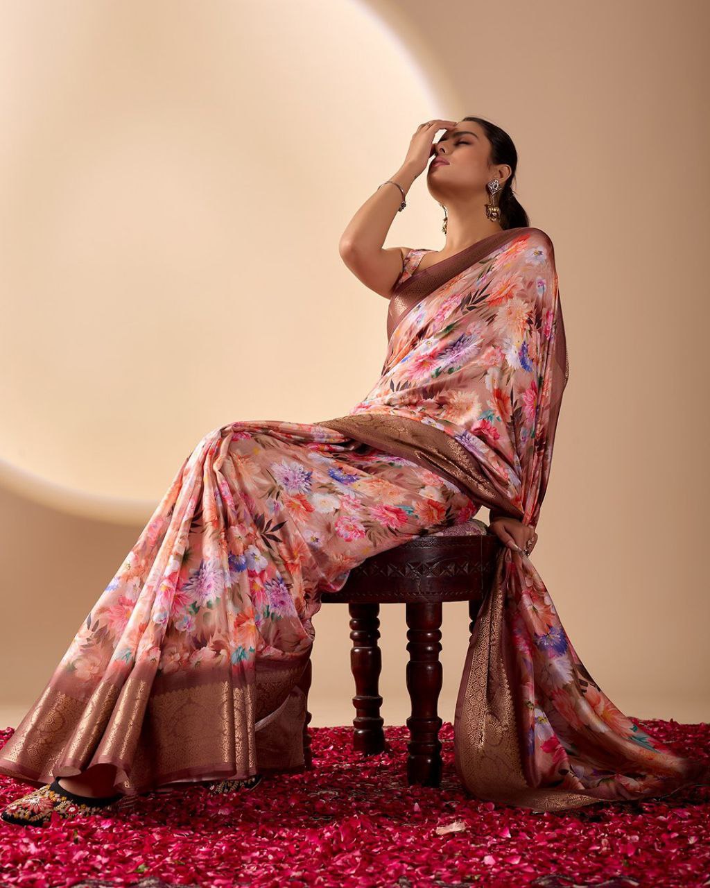 Elegant Soft Lichi Silk Floral Digital Print Saree with Zari Border