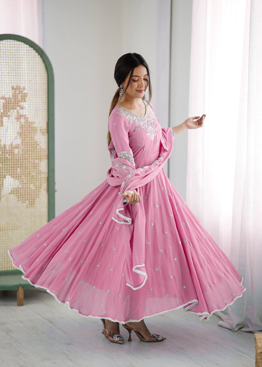 Elegant Faux Blooming Embroidered Sequence Anarkali Gown Set