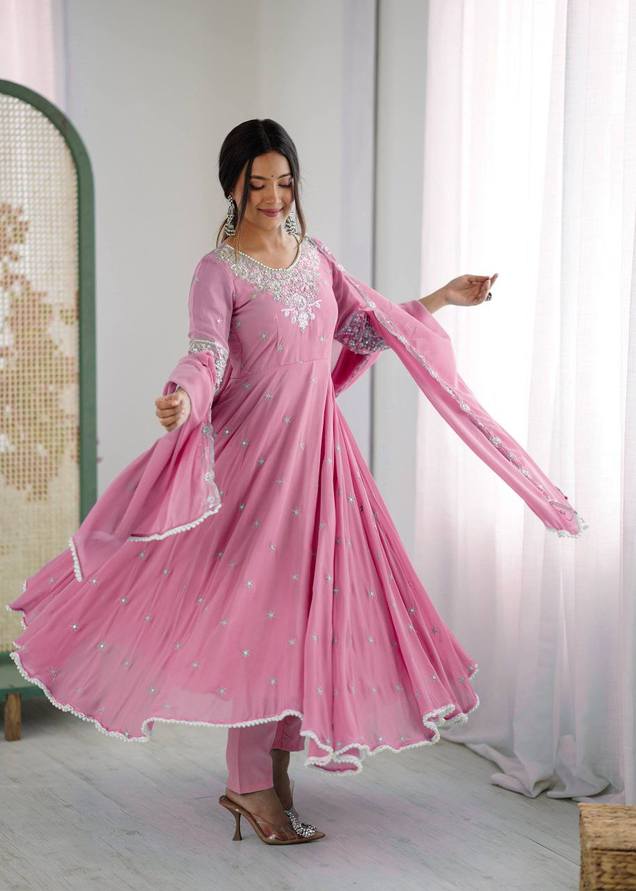 Elegant Faux Blooming Embroidered Sequence Anarkali Gown Set