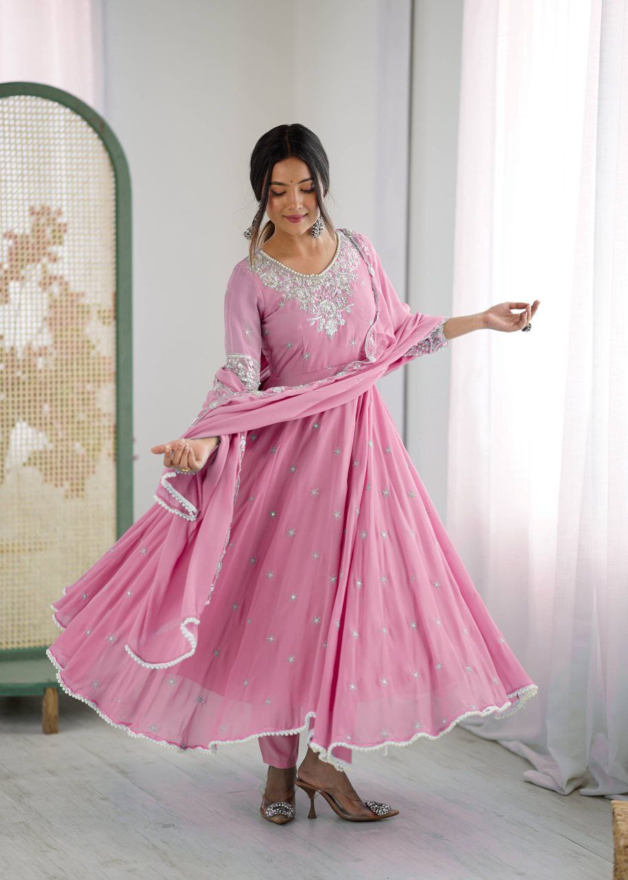Elegant Faux Blooming Embroidered Sequence Anarkali Gown Set