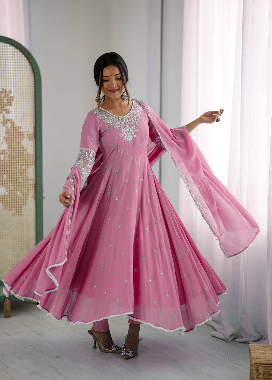 Elegant Faux Blooming Embroidered Sequence Anarkali Gown Set