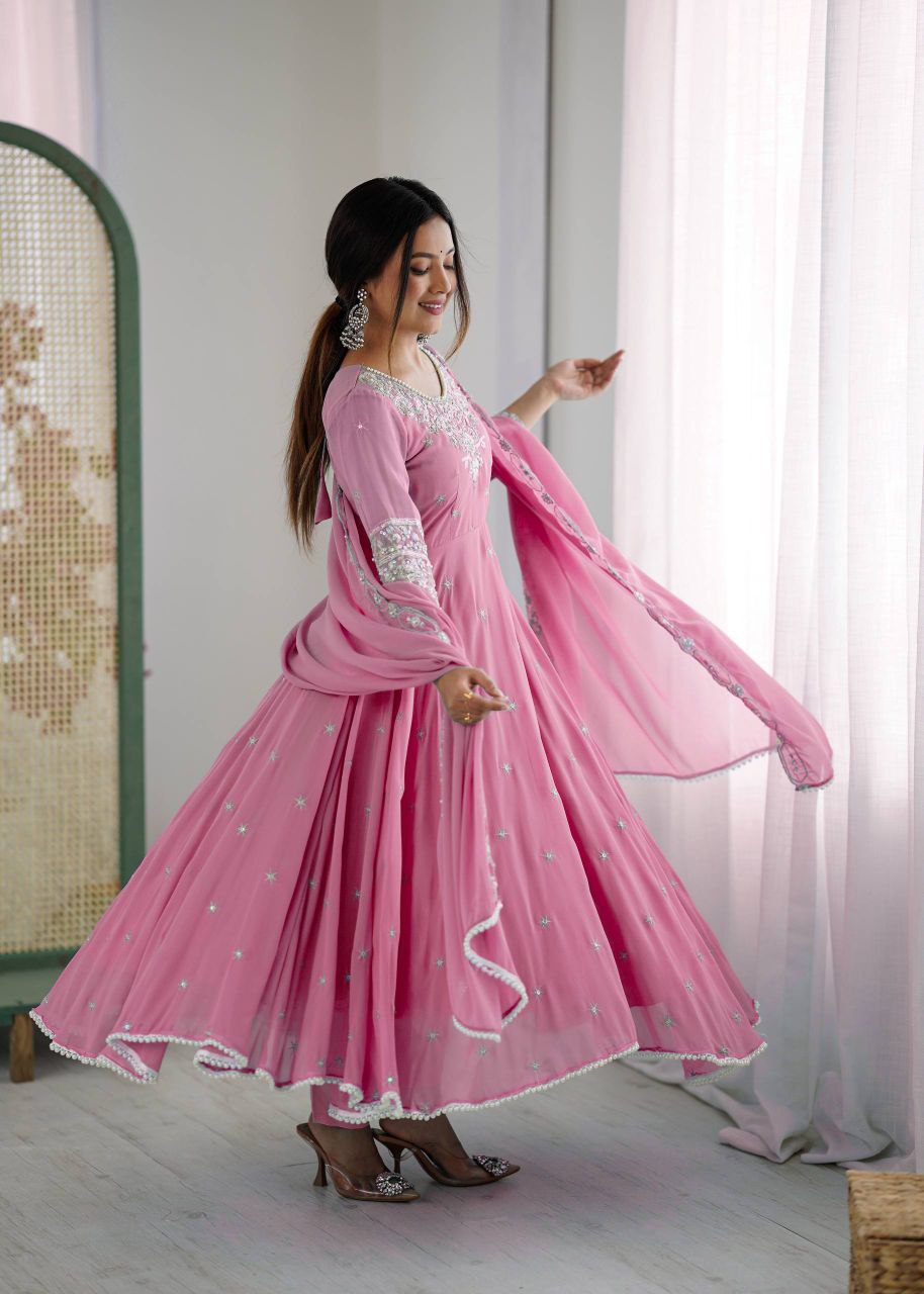 Elegant Faux Blooming Embroidered Sequence Anarkali Gown Set