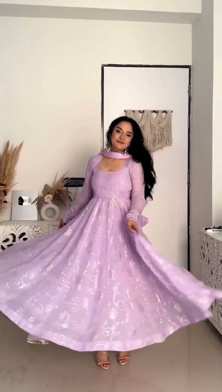 Faux Georgette Foil Work Gown Set with Pant & Dupatta