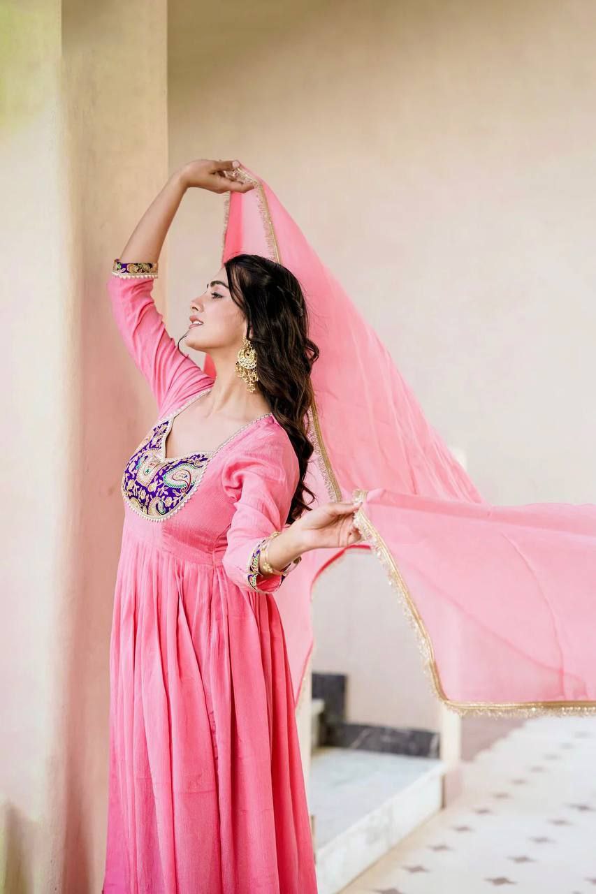 Heavy Crunchy Silk Embroidered Gown Set with Dupatta & Pant