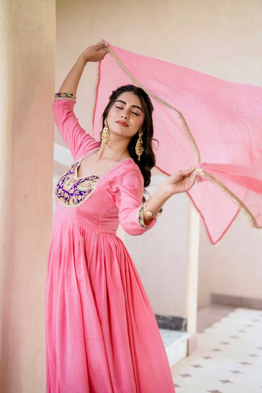 Heavy Crunchy Silk Embroidered Gown Set with Dupatta & Pant