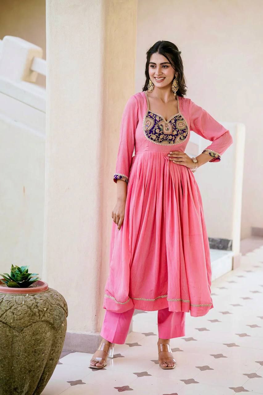 Heavy Crunchy Silk Embroidered Gown Set with Dupatta & Pant