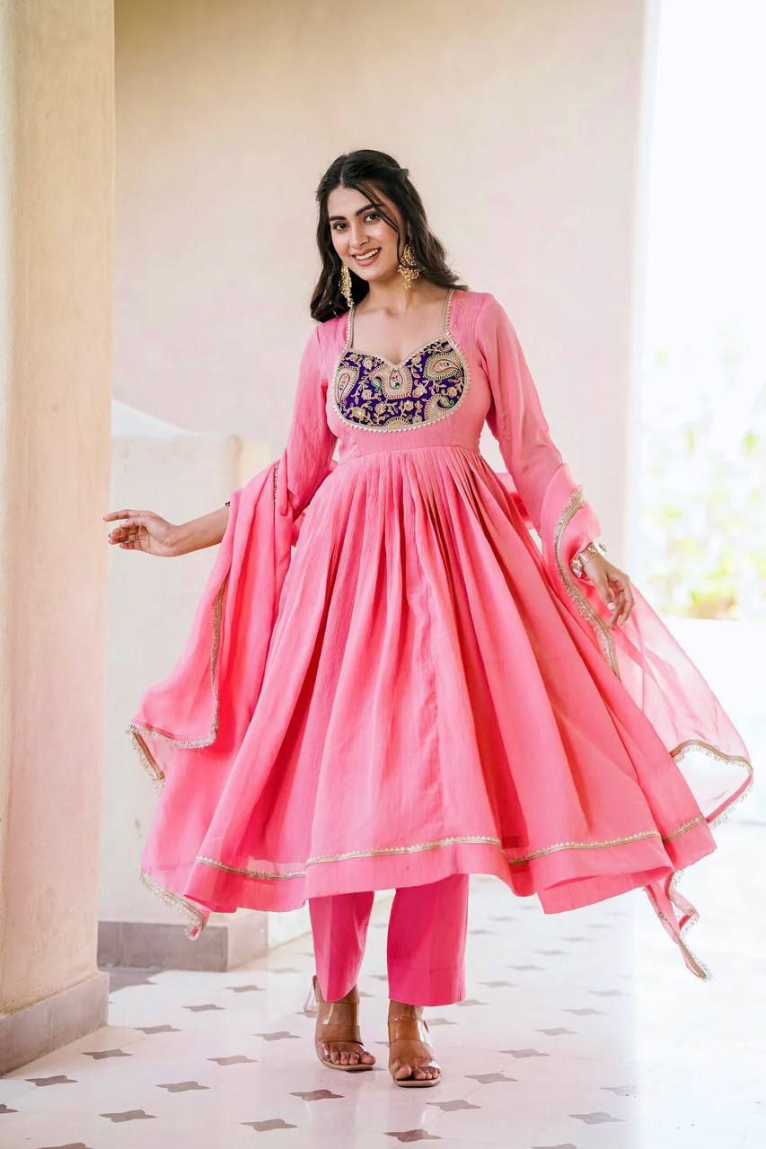 Heavy Crunchy Silk Embroidered Gown Set with Dupatta & Pant