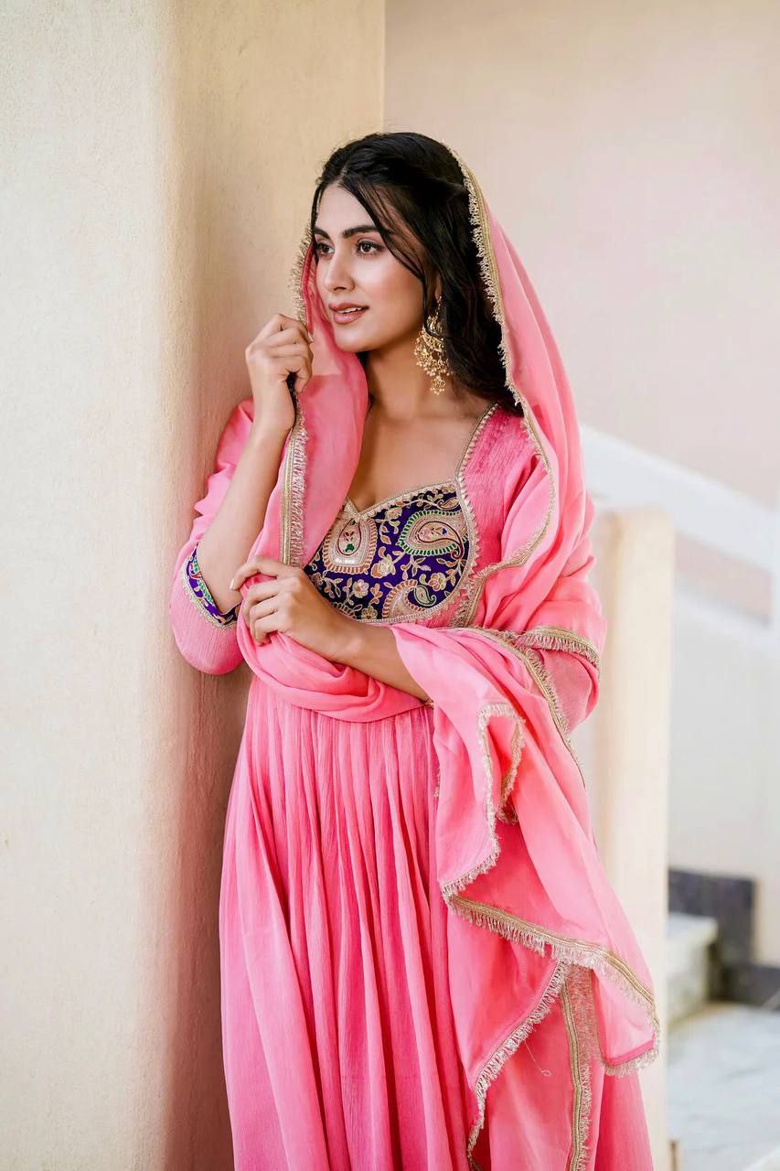 Heavy Crunchy Silk Embroidered Gown Set with Dupatta & Pant