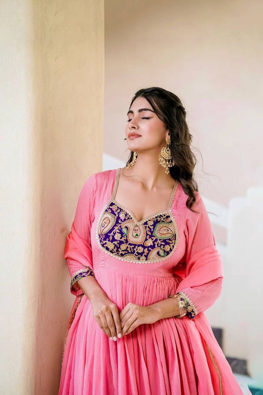 Heavy Crunchy Silk Embroidered Gown Set with Dupatta & Pant