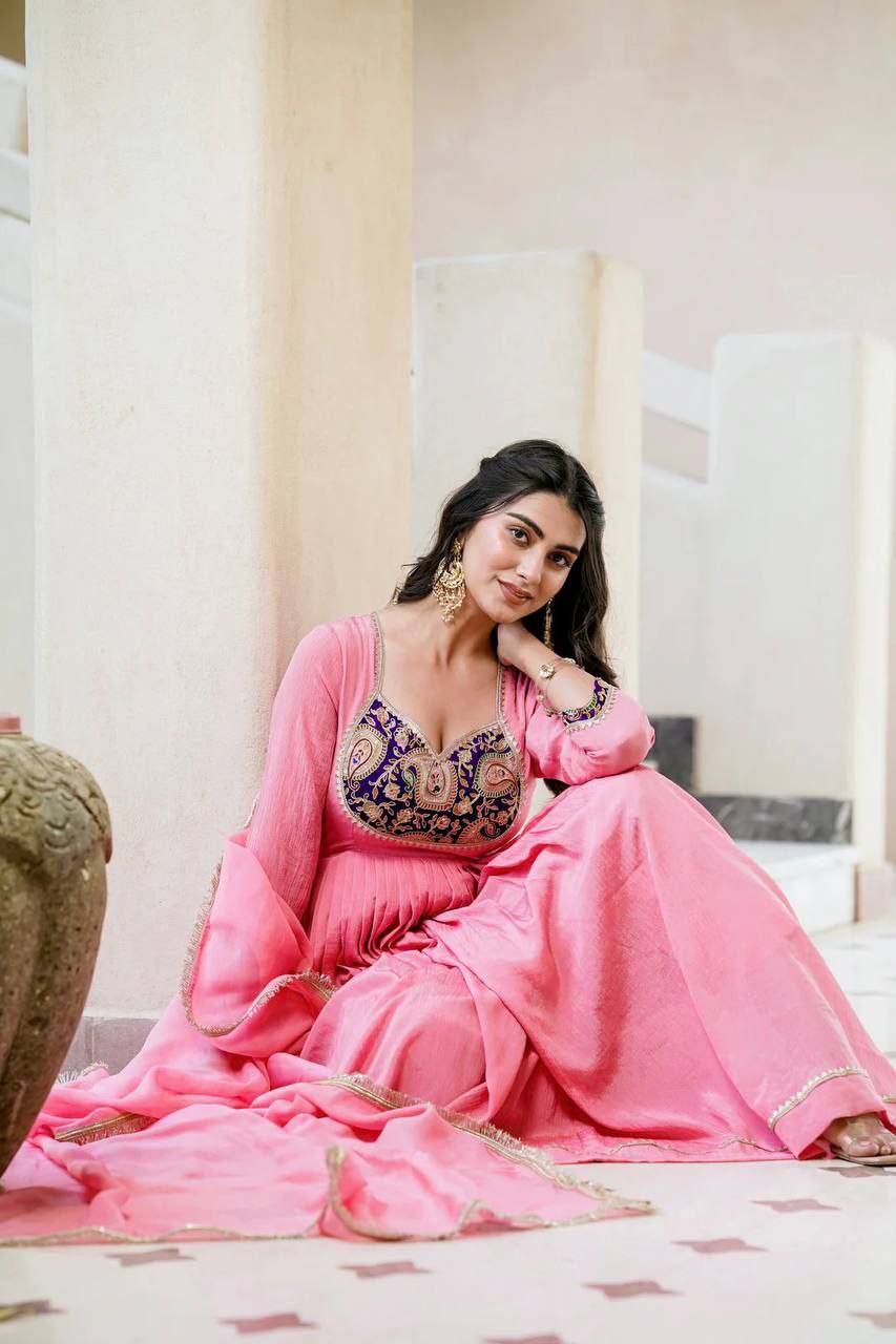 Heavy Crunchy Silk Embroidered Gown Set with Dupatta & Pant