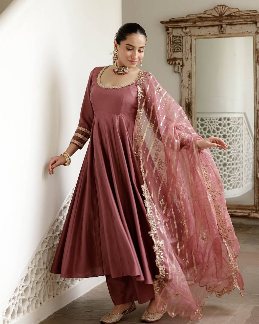 Roman Simmer Silk Gown with Palazzo & Banarasi Dupatta