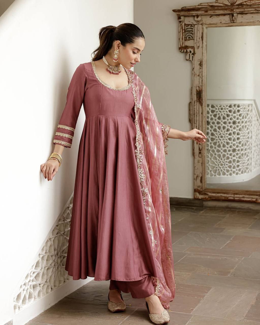 Roman Simmer Silk Gown with Palazzo & Banarasi Dupatta