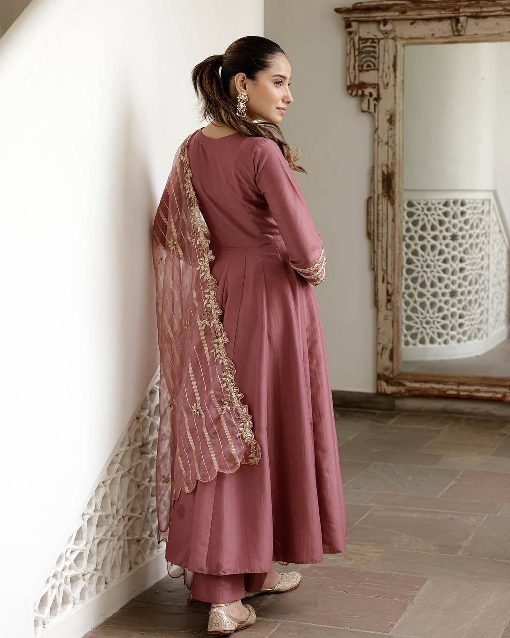 Roman Simmer Silk Gown with Palazzo & Banarasi Dupatta