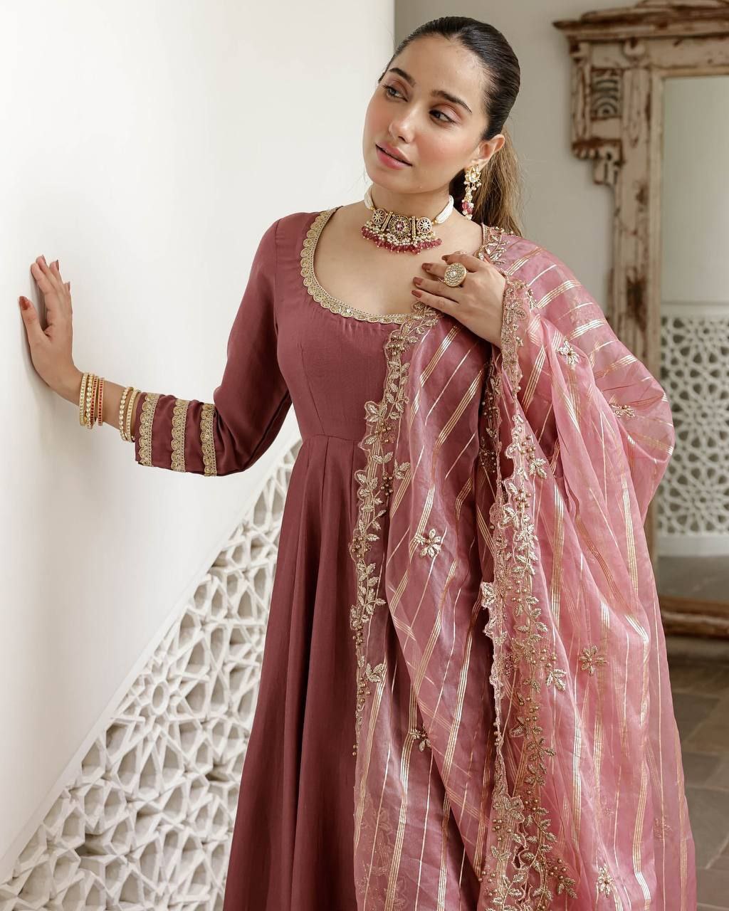 Roman Simmer Silk Gown with Palazzo & Banarasi Dupatta