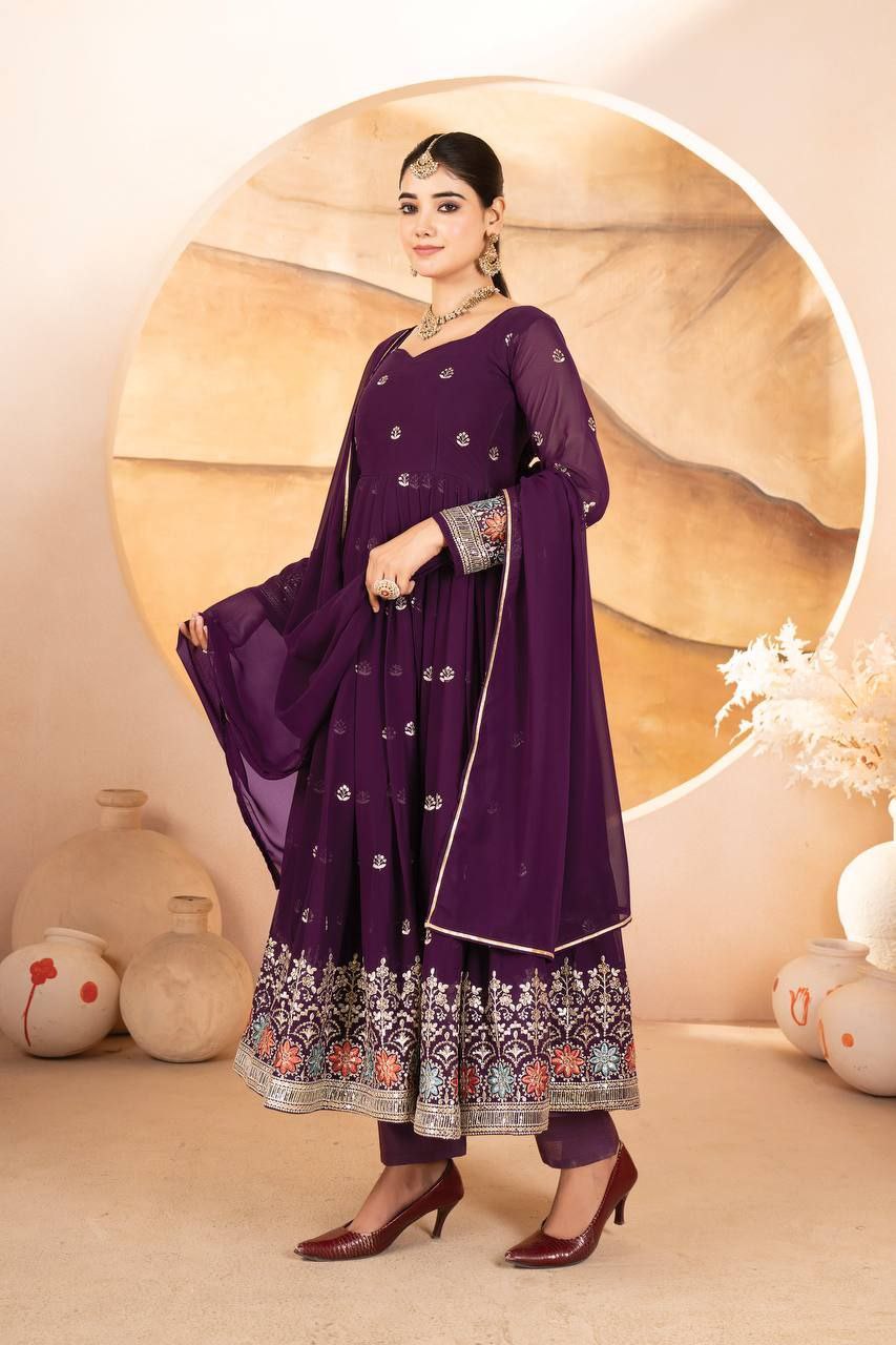 Wine Faux Blooming Embroidered Suit with Sequin Work & Dupatta