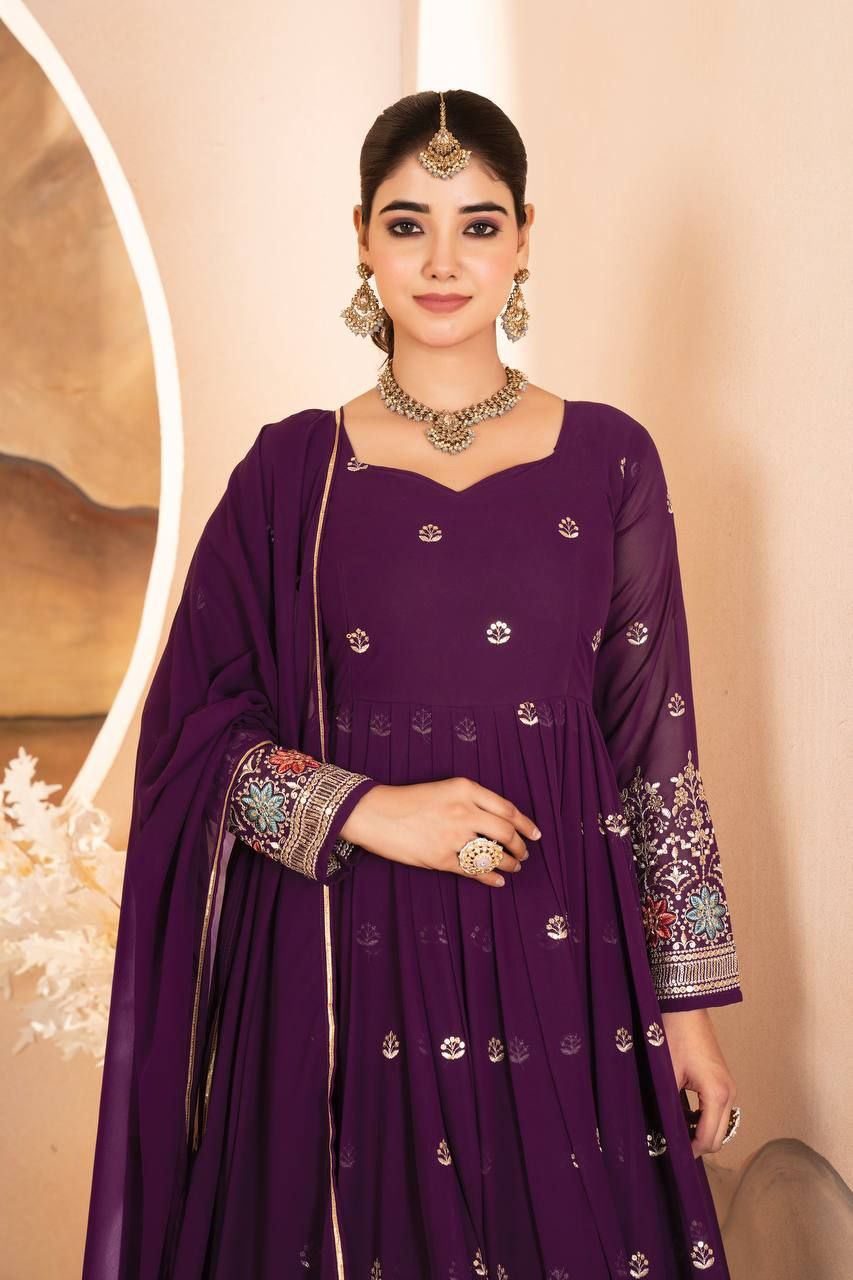 Wine Faux Blooming Embroidered Suit with Sequin Work & Dupatta