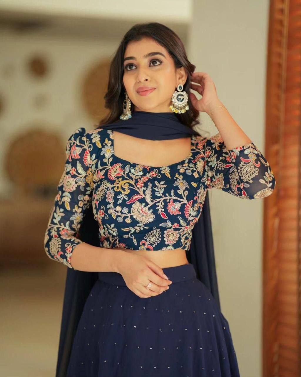 Sequin Embroidered Georgette Layered Lehenga Set