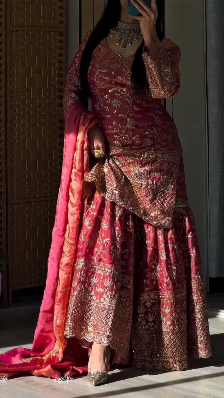 Designer Fandy Crushi Silk Sharara Suit with Sequins & Dupatta