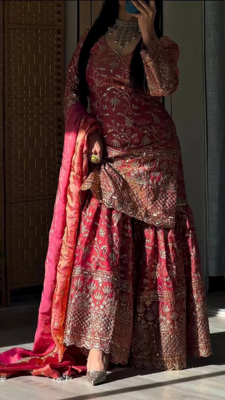 Designer Fandy Crushi Silk Sharara Suit with Sequins & Dupatta