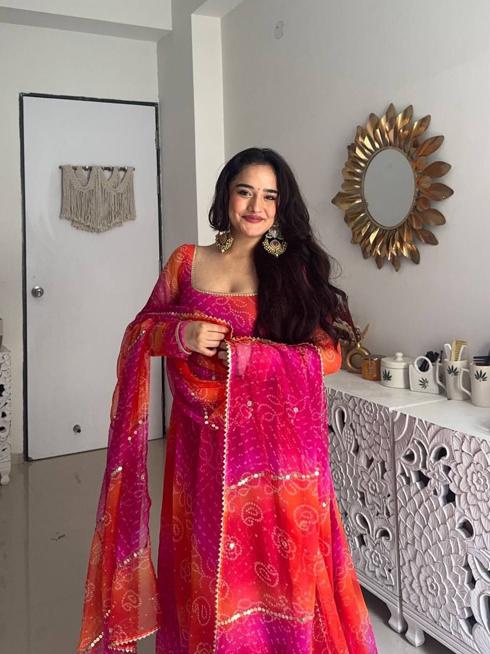 Premium Bandhej Digital Print Anarkali Gown Set with Dupatta & Bottom