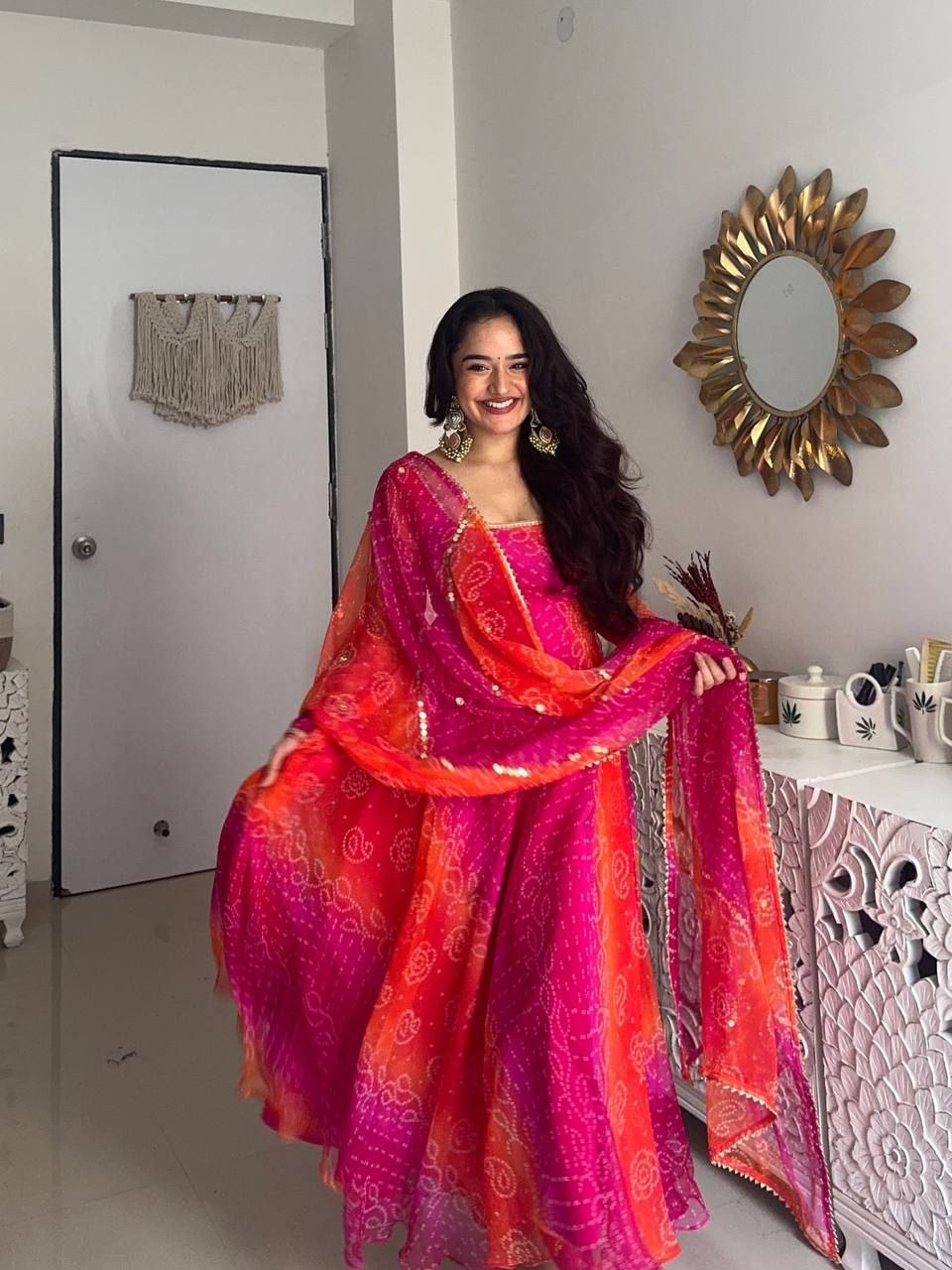 Premium Bandhej Digital Print Anarkali Gown Set with Dupatta & Bottom