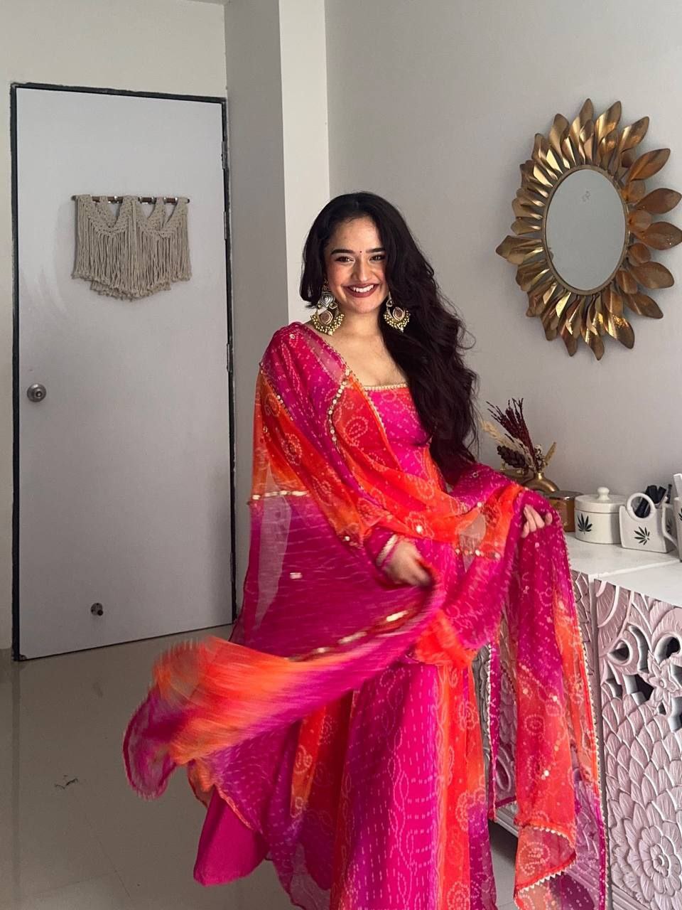 Premium Bandhej Digital Print Anarkali Gown Set with Dupatta & Bottom